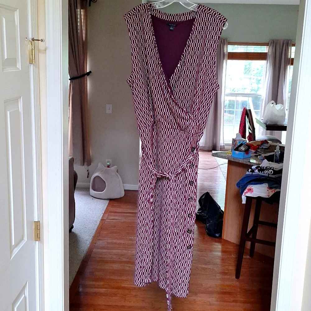 Maroon fall dress. Side buttons on the left and a sash.